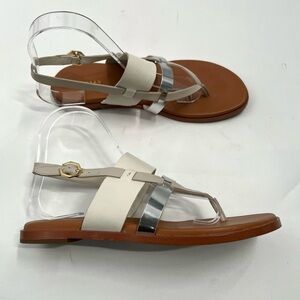 Cole Haan White and Silver Leather T-Strap Sandals with Brown Footbed